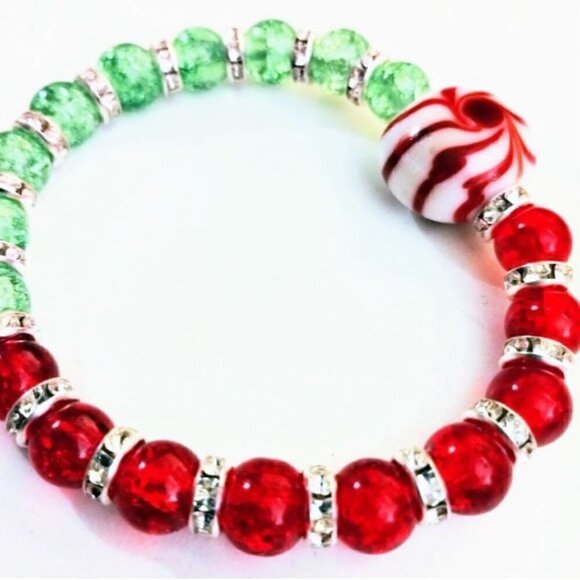 RED and Green Rhinestone Christmas Glass Peppermint Candy Bracelet - Picture 2 of 3